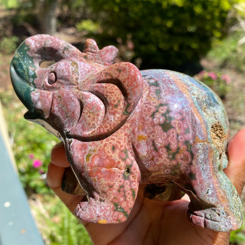 Natural, Colorful Orbicular Ocean Jasper Elephant Carving - Picture 3 of 8